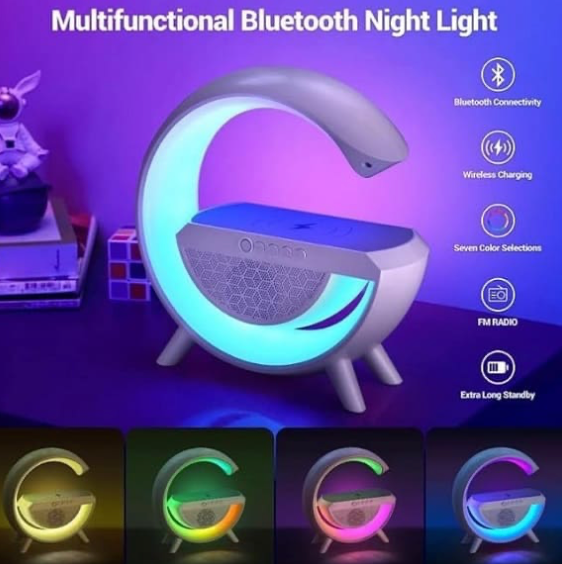 G Shape Wireless Charger Led Lamp Bt Alarm Clock RGB Night Light 15W 15W Phone Wireless Charger and Speaker.