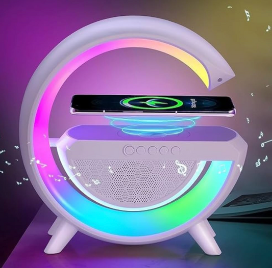G Shape Wireless Charger Led Lamp Bt Alarm Clock RGB Night Light 15W 15W Phone Wireless Charger and Speaker.