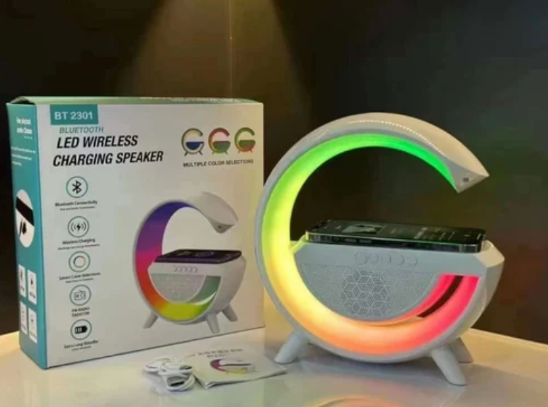 G Shape Wireless Charger Led Lamp Bt Alarm Clock RGB Night Light 15W 15W Phone Wireless Charger and Speaker.